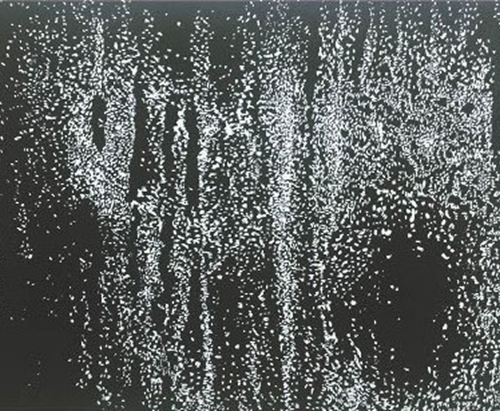 Estampe abstraite en noir et blanc aux textures pointillistes, présentée au 1er Salon de l'Estampe 2021.