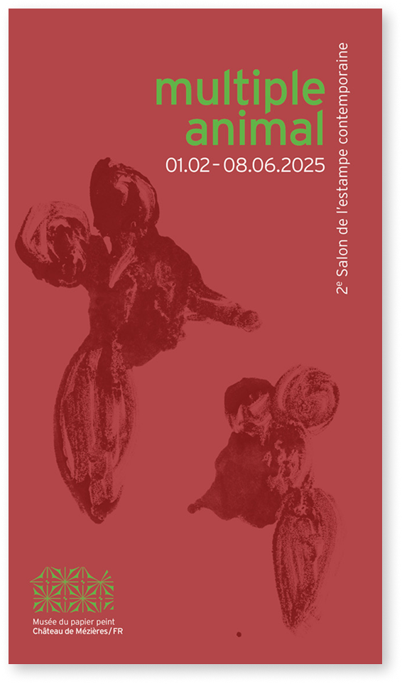 Affiche de l'exposition "multiple animal", 2ème Salon de l'Estampe Contemporaine, Musée du Papier Peint de Mézières, 2025.