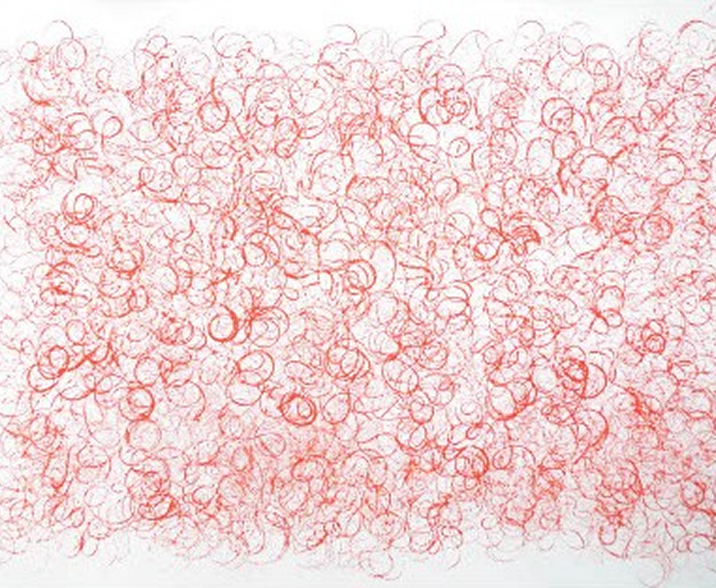 Estampe contemporaine rouge aux motifs circulaires et bouclés répétitifs, Salon de l'Estampe 2021.