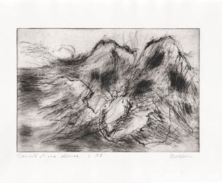 Estampe "Densité d’une absence" aux traits noirs dynamiques, exposée au Salon de l’Estampe 2021.